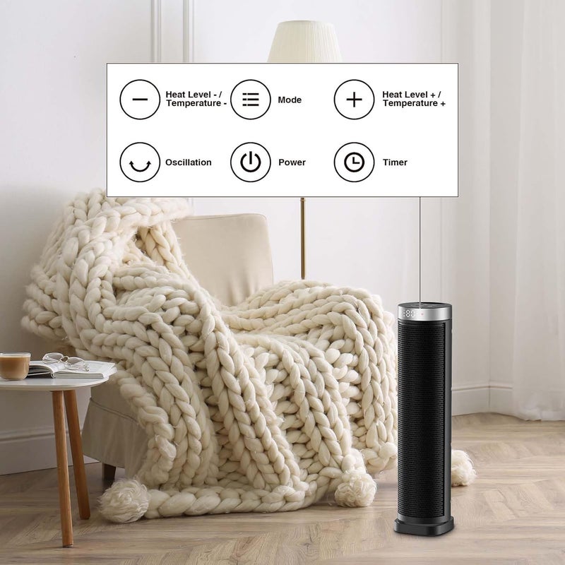 VOCRS Space Heater for Indoor Use with Remote - 70° Oscillating Tower Electric Heater, 24 Inchs, 12H Timer, 1500W Quiet PTC Ceramic Heating with Thermostat, Fast Safety Heat for Office, Home, Bedroom - Image 3